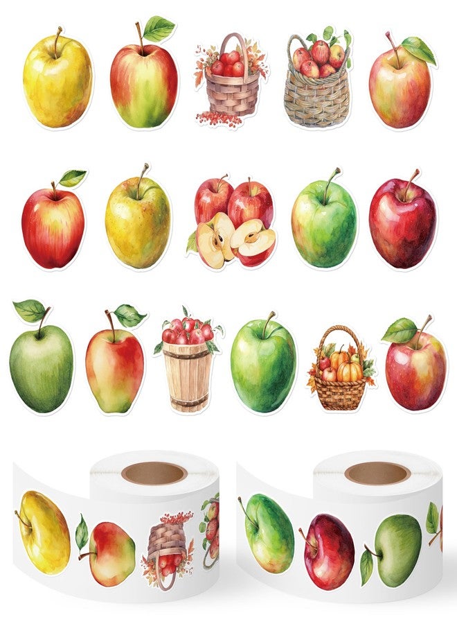 A1diee Apple Sticker Rolls - 1000Pcs Colorful Fruit Waterproof Aesthetic Decals for Kids, Watercolor Red Green Yellow Apple Gifts Stickers for Party Favors School Rewards Scrapbooking Guitar Laptop - Image 1